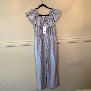 NWT Southern Tide Jumpsuit. Blue and wide Striped off the shoulder with ruffle.